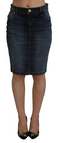 Dark Blue Washed Mid Waist Pencil Cut Denim Skirt Fiorucci