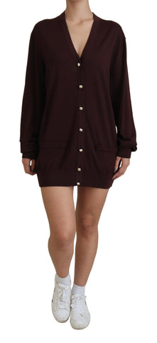 Maroon Wool Knit Deep V-neck Cardigan Sweater Dolce & Gabbana