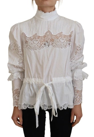 White Cotton Lace Trim Turtle Neck Blouse Top Dolce & Gabbana