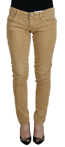 Brown Cotton Corduroy Low Waist Women Casual Jeans Acht