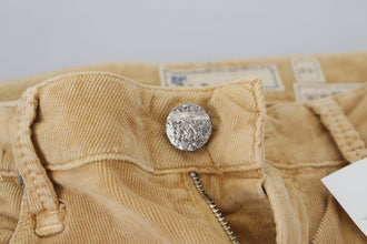 Brown Cotton Corduroy Low Waist Women Casual Jeans Acht
