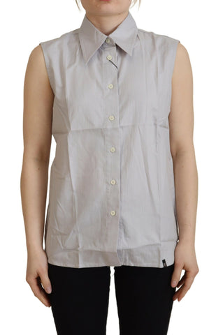 Light Gray Stripes Cotton Sleeveless Collared Top Ferre