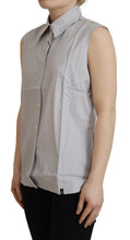 Light Gray Stripes Cotton Sleeveless Collared Top Ferre