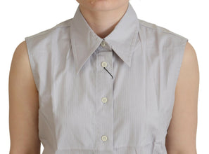 Light Gray Stripes Cotton Sleeveless Collared Top Ferre