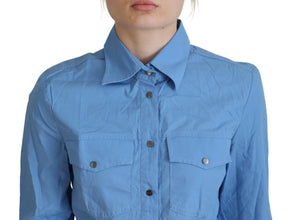 Blue Cotton Long Sleeves Collared Button Down Top Ferre
