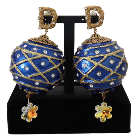 Gold Brass Blue Dangle Ball Crystal Clip On Earrings Dolce & Gabbana