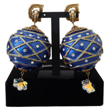 Gold Brass Blue Dangle Ball Crystal Clip On Earrings Dolce & Gabbana