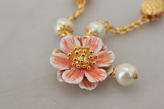 Gold Tone Floral Crystals Pink Embellished Necklace Dolce & Gabbana