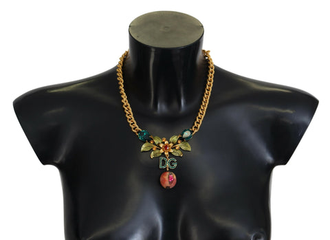 Gold Brass Crystal Logo Fruit Floral Statement Necklace Dolce & Gabbana
