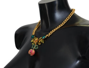 Gold Brass Crystal Logo Fruit Floral Statement Necklace Dolce & Gabbana