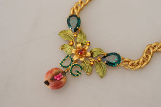Gold Brass Crystal Logo Fruit Floral Statement Necklace Dolce & Gabbana
