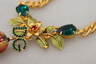 Gold Brass Crystal Logo Fruit Floral Statement Necklace Dolce & Gabbana