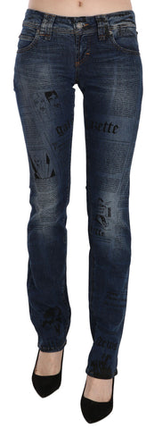Blue Newspaper Print Low Waist Skinny Denim Pants John Galliano