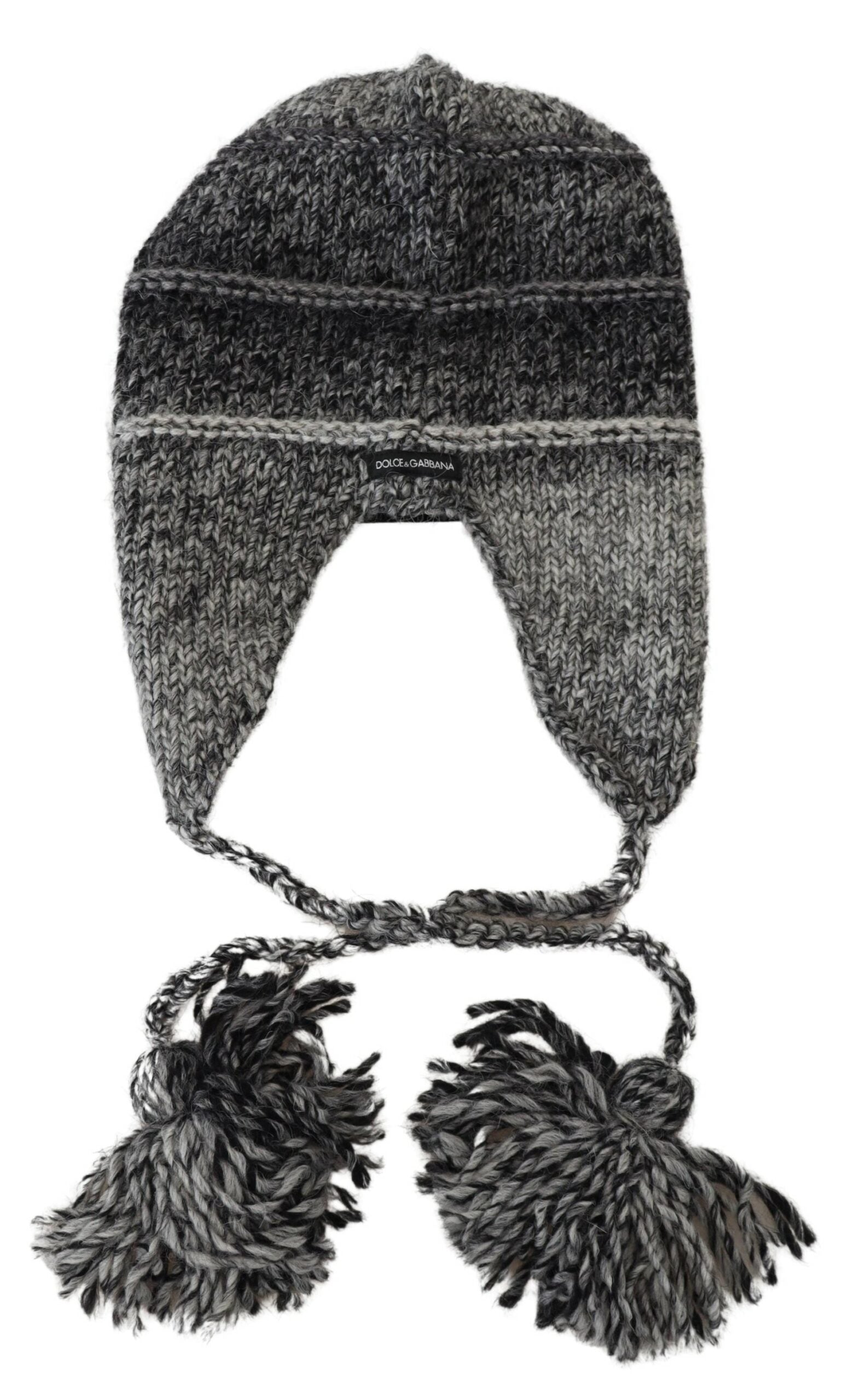 Gray Warm Fleece Ear Flaps Knit Beanie Hat Dolce & Gabbana