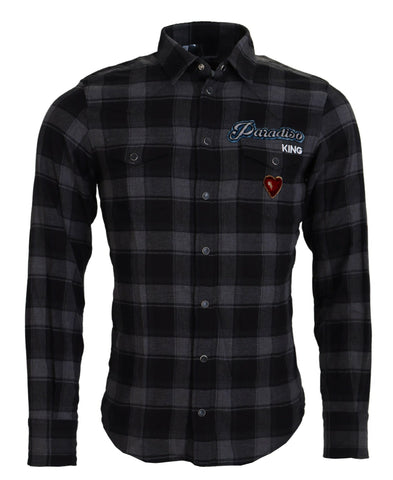 Black Gray Check Men Long Sleeves Shirt Dolce & Gabbana