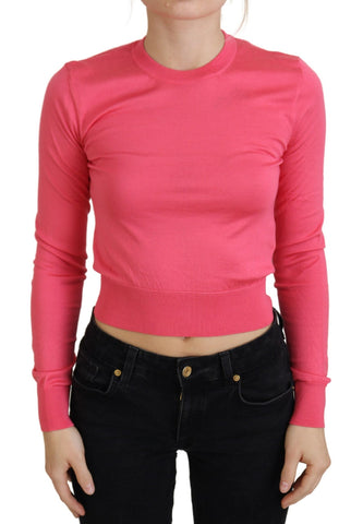 Pink Silk Cropped Crewneck Pullover Sweater Dolce & Gabbana