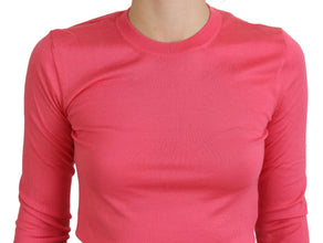 Pink Silk Cropped Crewneck Pullover Sweater Dolce & Gabbana
