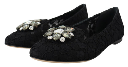 Black Taormina Lace Crystals Flats Shoes Dolce & Gabbana