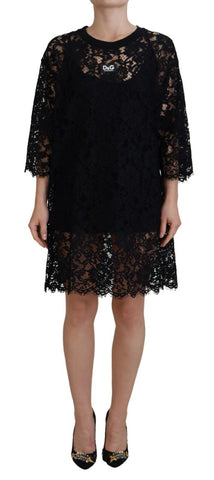 Black Floral Lace Cotton Shift Mini Dress Dolce & Gabbana