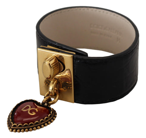 Black Dauphine Leather DG Heart Key Ring Bracelet Dolce & Gabbana