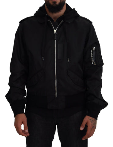 Black Nylon Hooded Full Zip Men Coat Jacket Dolce & Gabbana
