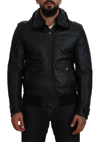 Black Lamb Leather Collared Men Coat Jacket Dolce & Gabbana
