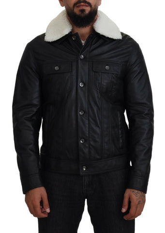 Black Lamb Leather Collared Men Coat Jacket Dolce & Gabbana