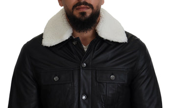 Black Lamb Leather Collared Men Coat Jacket Dolce & Gabbana