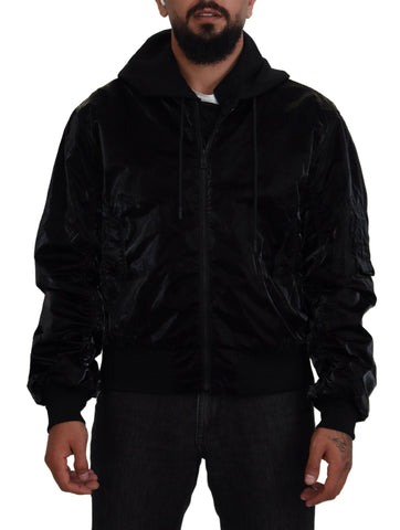 Black Nylon Hooded Full Zip Bomber Jacket Dolce & Gabbana