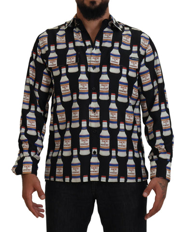 Black Silk Printed Collared Men Casual Shirt Dolce & Gabbana