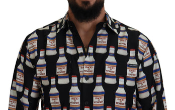 Black Silk Printed Collared Men Casual Shirt Dolce & Gabbana
