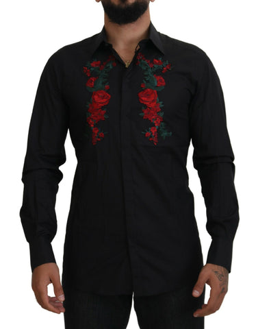 Black Floral Embroidery Men Long Sleeves GOLD Shirt Dolce & Gabbana