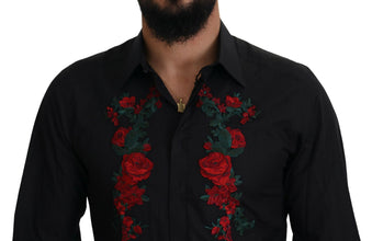 Black Floral Embroidery Men Long Sleeves GOLD Shirt Dolce & Gabbana