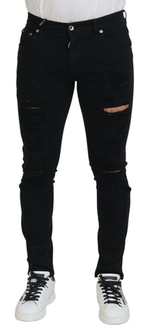 Black Slim Fit Tattered Denim Cotton Jeans Dolce & Gabbana