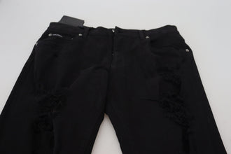 Black Slim Fit Tattered Denim Cotton Jeans Dolce & Gabbana