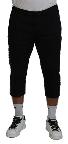 Black Cotton Elastic Waist DG Logo Cropped Pants Dolce & Gabbana