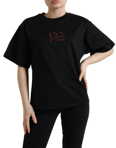 Dolce & Gabbana Black Cotton DG Crystal Crewneck Tee T-shirt