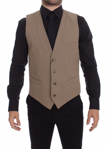 Beige Cotton Slim Fit Button Front Dress Vest Dolce & Gabbana