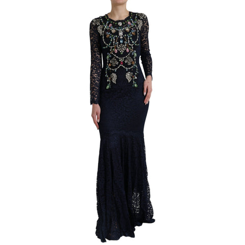 Blue Crystal Floral Lace Long Gown Dress Dolce & Gabbana