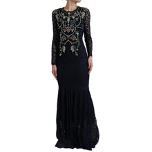 Blue Crystal Floral Lace Long Gown Dress Dolce & Gabbana