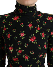Dolce & Gabbana Black Rose Print Turtle Neck Blouse Top