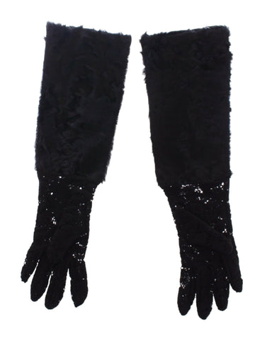 Black Lace Wool Lambskin Fur Elbow Gloves Dolce & Gabbana