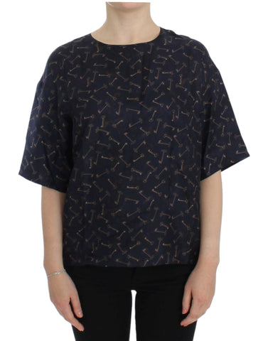 Blue gold key print silk blouse Dolce & Gabbana