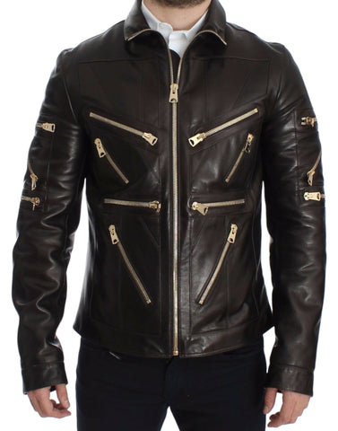 Brown Lambskin Leather Zipper Jacket Dolce & Gabbana
