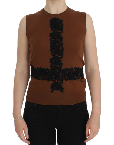 Brown Wool Black Lace Vest Sweater Top Dolce & Gabbana