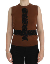 Brown Wool Black Lace Vest Sweater Top Dolce & Gabbana