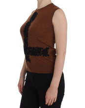 Brown Wool Black Lace Vest Sweater Top Dolce & Gabbana