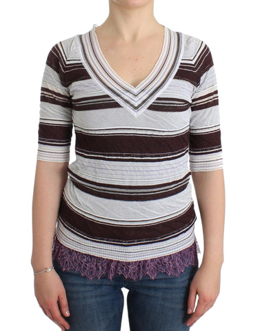 Striped Lace V-Neck Short Sleeve Top Sweater Ermanno Scervino