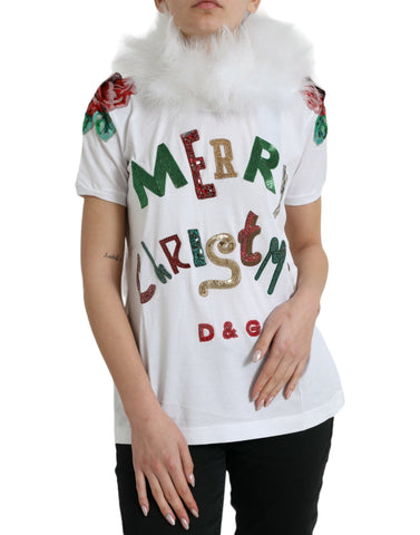 Dolce & Gabbana White Cotton Christmas Sequin Fur T-shirt
