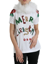 Dolce & Gabbana White Cotton Christmas Sequin Fur T-shirt